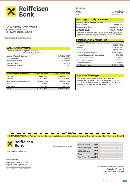 Download Croatia Raiffeisen Bank mortgage statement scr Photoshop template